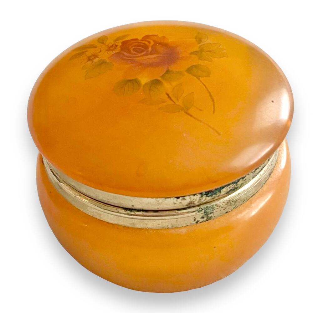 Vintage Alabaster Trinket Box Italy Rose Hinged Orange Ring Pill Jewelry Vanity